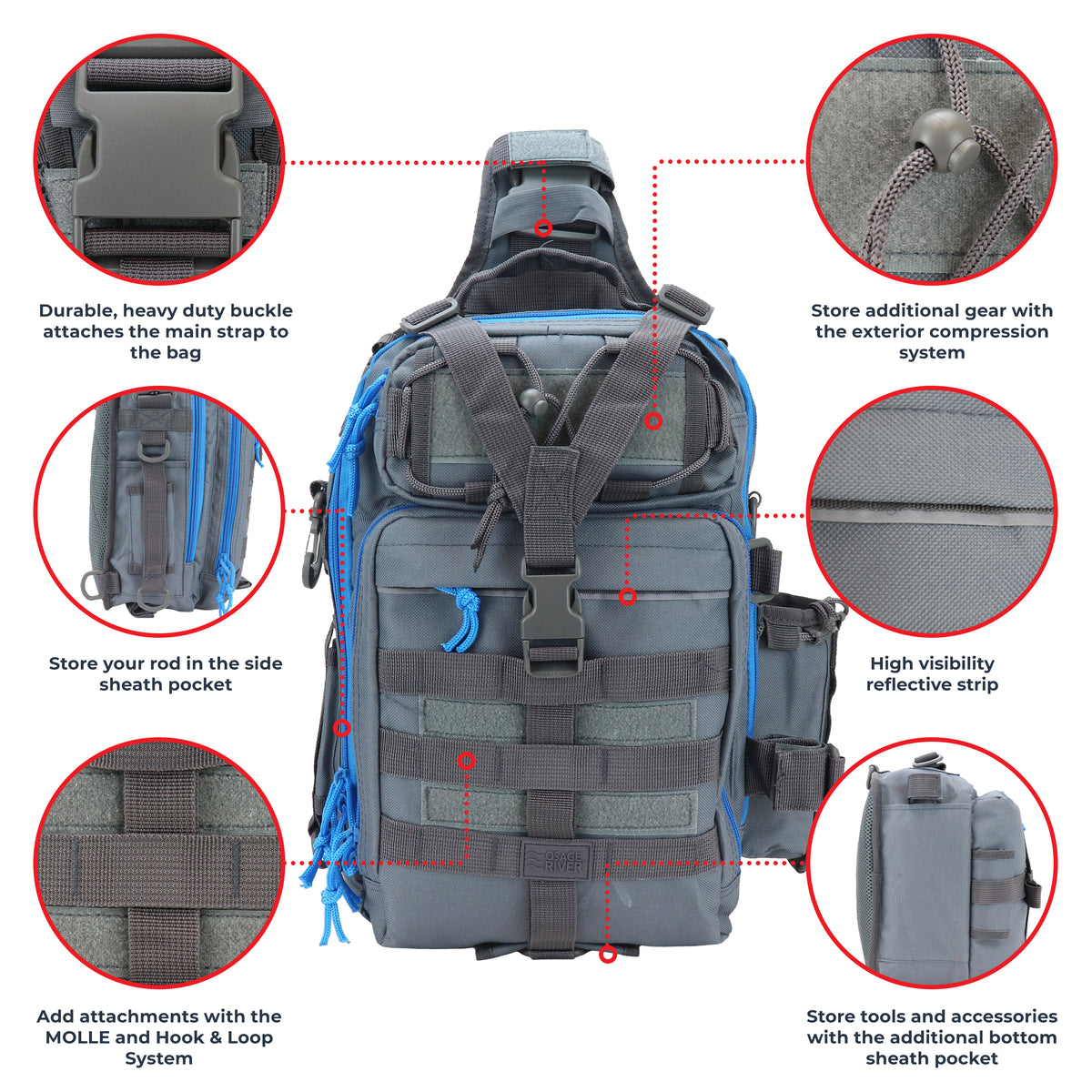 Osage River Deluxe Fishing Sling Bag 15-Inch-Grey and Blue