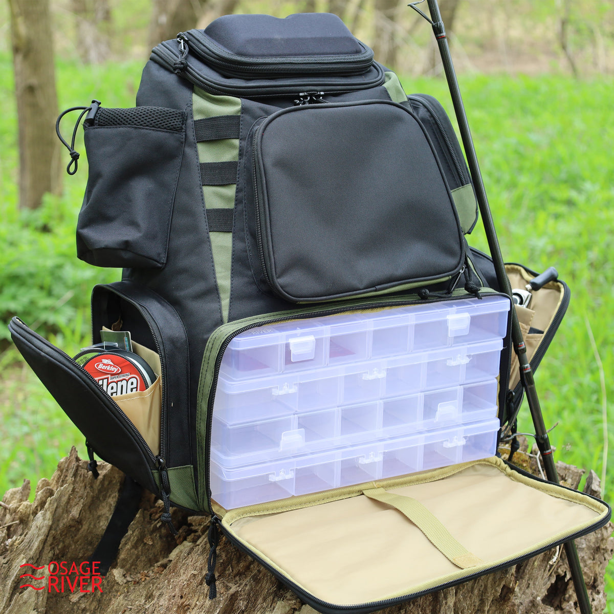 Osage River Ultimate Fishing Backpack w Tools and 4 Boxes-Medium-Olive
