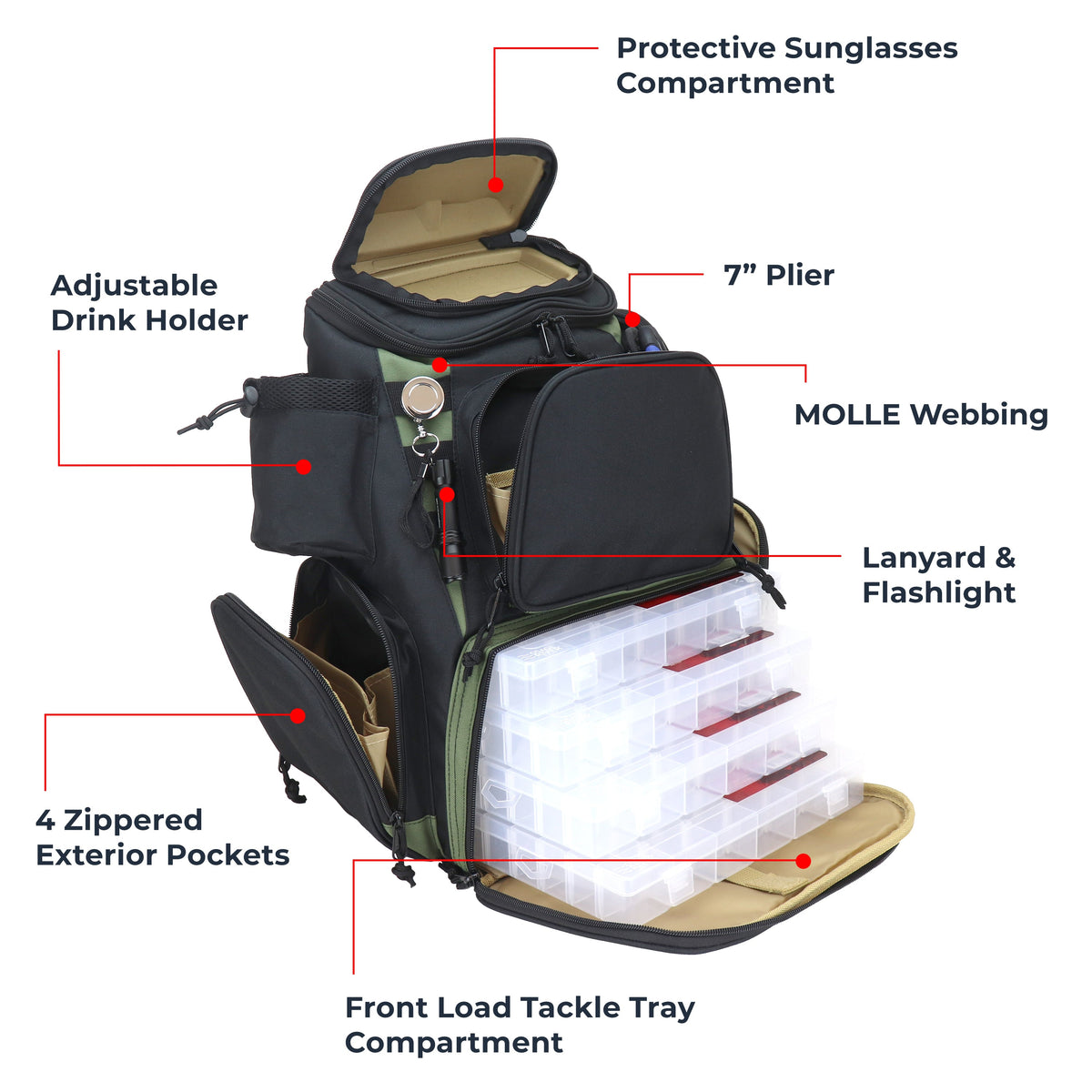 Osage River Ultimate Fishing Backpack w Tools and 4 Boxes-Large-Olive