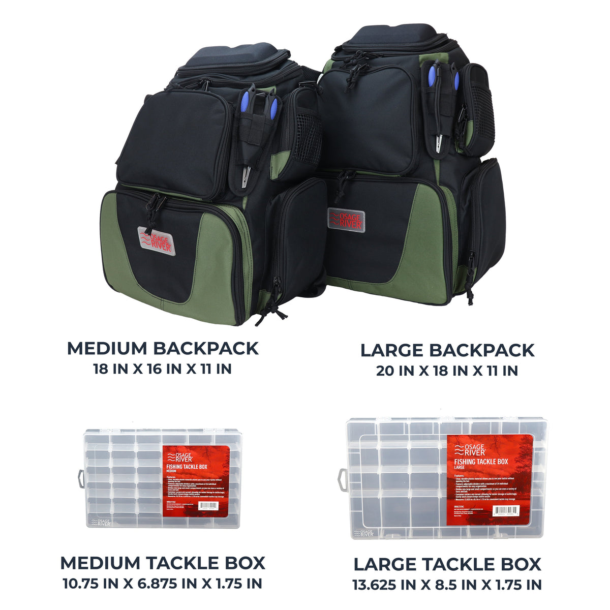 Osage River Ultimate Fishing Backpack w Tools and 4 Boxes-Large-Olive