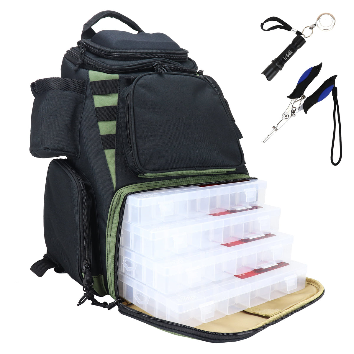 Osage River Ultimate Fishing Backpack w Tools and 4 Boxes-Large-Olive