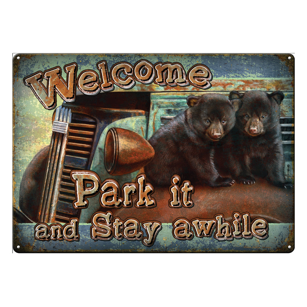 Tin Sign 12in x 17in-Park It Bear