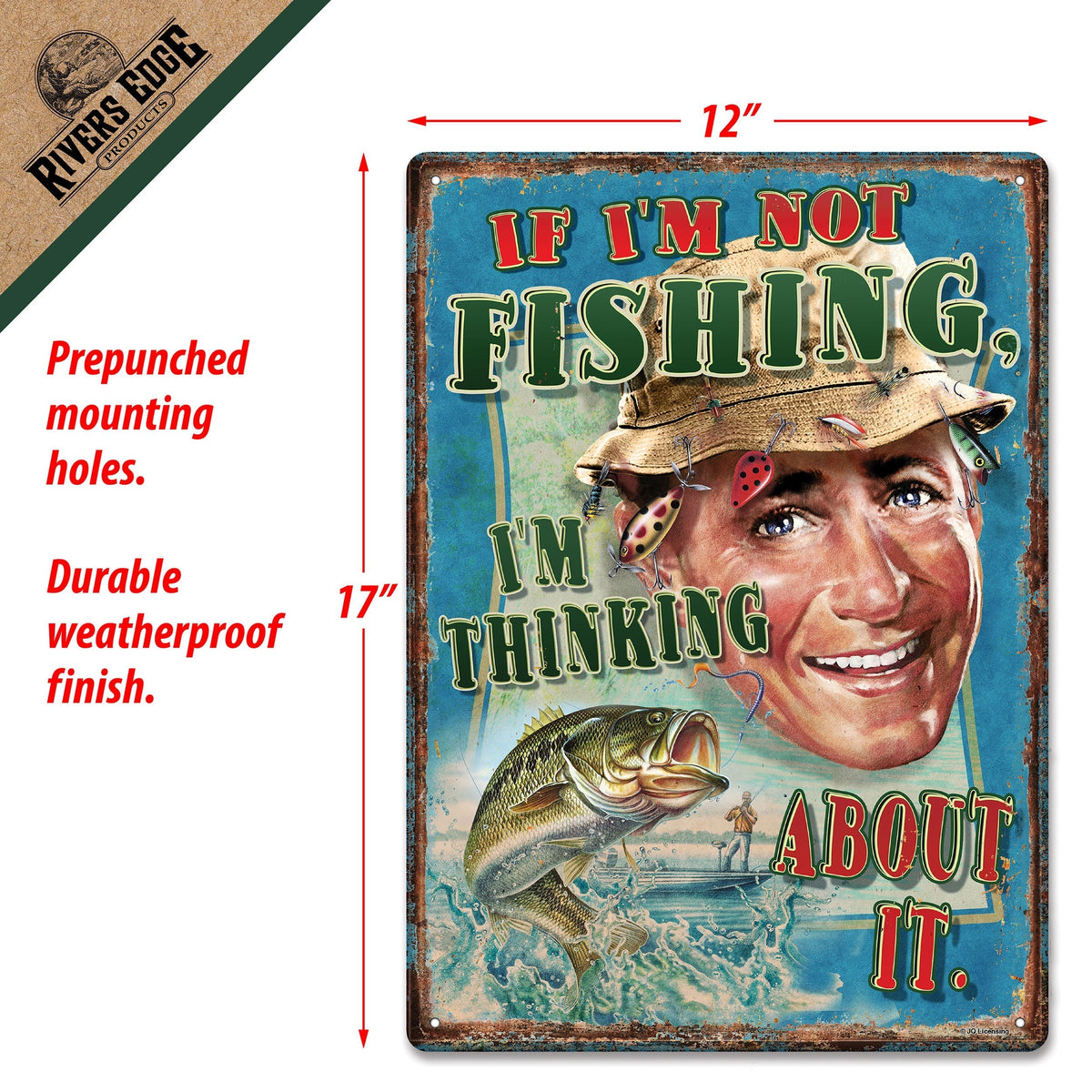 Tin Sign 12in x 17in-Think Fishing