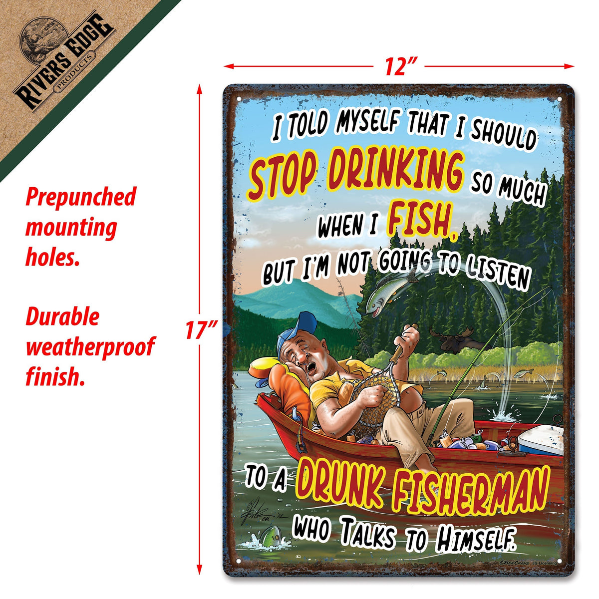 Tin Sign 12in x 17in-Fishing Drinking